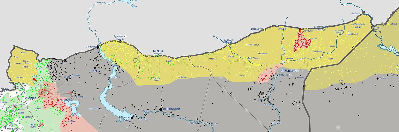 Gula områden är kontrollerade av PKK-vänliga PYD. Delarna är på väg att slås ihop i den pågående konflikten och hotar Turkiets tillgång till olja.